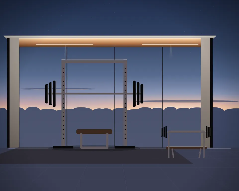 Illustration: a loaded power rack and flat bench, with bench in a second practice bay in a generic glass training hall, an offset equipment view, at early blue hour. Generic artwork, not a depiction of a listed venue.