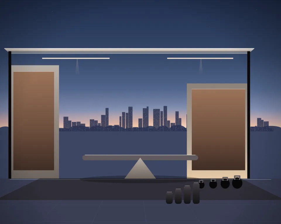 Illustration: a low balance station, with kettlebells in a second practice bay in a generic urban courtyard, a central feature and foreground equipment, at blue hour with a softer horizon. Generic artwork, not a depiction of a listed venue.