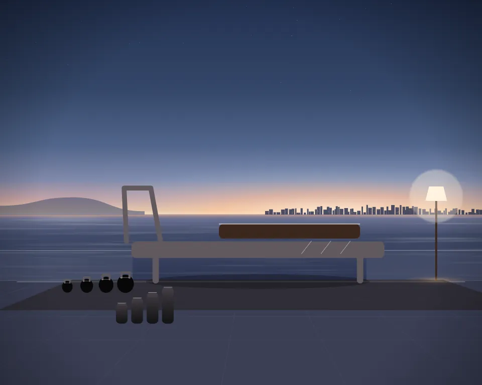 Illustration: a Pilates reformer with carriage and footbar, with kettlebells in a second practice bay in a generic beach deck, a close central equipment study, at late blue hour. Generic artwork, not a depiction of a listed venue.