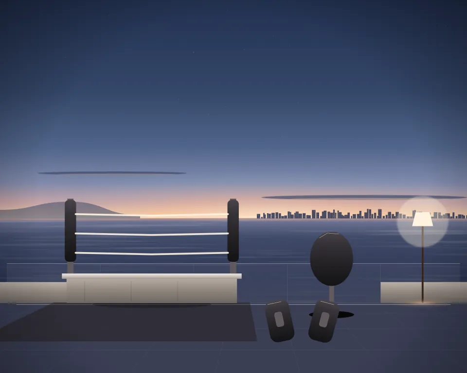 Illustration: a raised training ring with canvas apron and padded corners, with teardrop in a second practice bay in a generic rooftop terrace, three separate practice zones, at early blue hour. Generic artwork, not a depiction of a listed venue.
