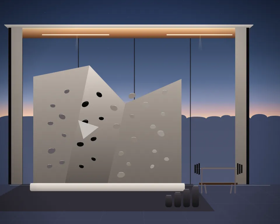 Illustration: an angled bouldering wall with stone-toned holds and pale landing mats, with bench in a second practice bay in a generic glass training hall, a low equipment panorama, at early blue hour. Generic artwork, not a depiction of a listed venue.