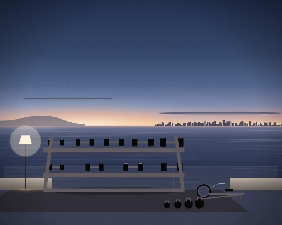 Illustration: a two-tier dumbbell gallery, with rower in a second practice bay in a generic rooftop terrace, a low equipment panorama, at early blue hour. Generic artwork, not a depiction of a listed venue.