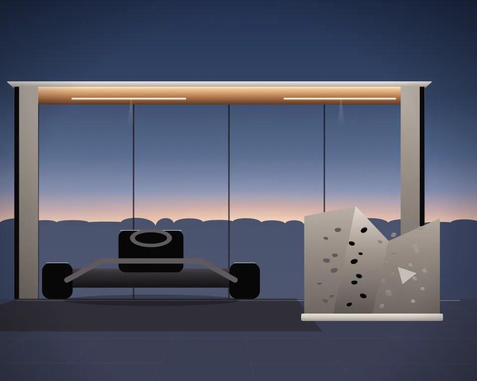Illustration: an unmarked training kart on its tyres, with climb in a second practice bay in a generic glass training hall, an offset equipment view, at blue hour with a softer horizon. Generic artwork, not a depiction of a listed venue.