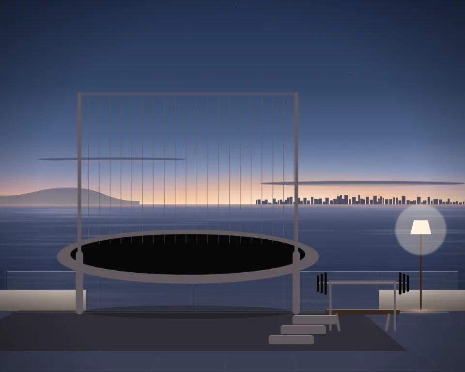 Illustration: a round practice trampoline with a closed mesh enclosure, with bench in a second practice bay in a generic rooftop terrace, a low equipment panorama, at late blue hour. Generic artwork, not a depiction of a listed venue.