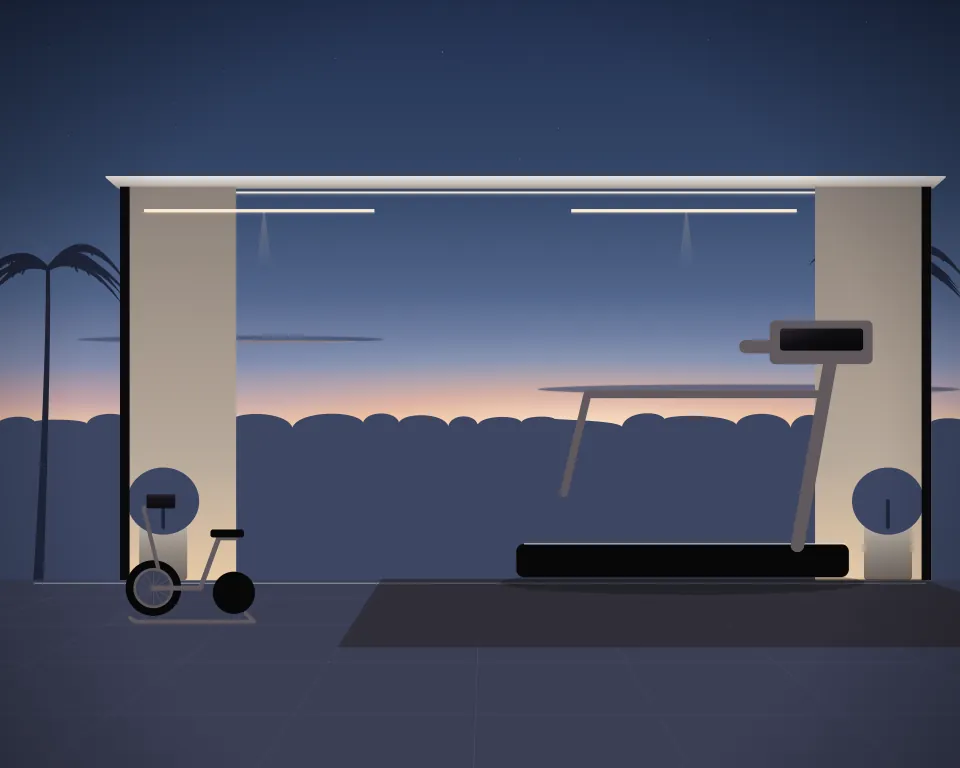 Illustration: a treadmill with a blank console, with airbike in a second practice bay in a generic garden studio, a right-weighted view, at late blue hour. Generic artwork, not a depiction of a listed venue.