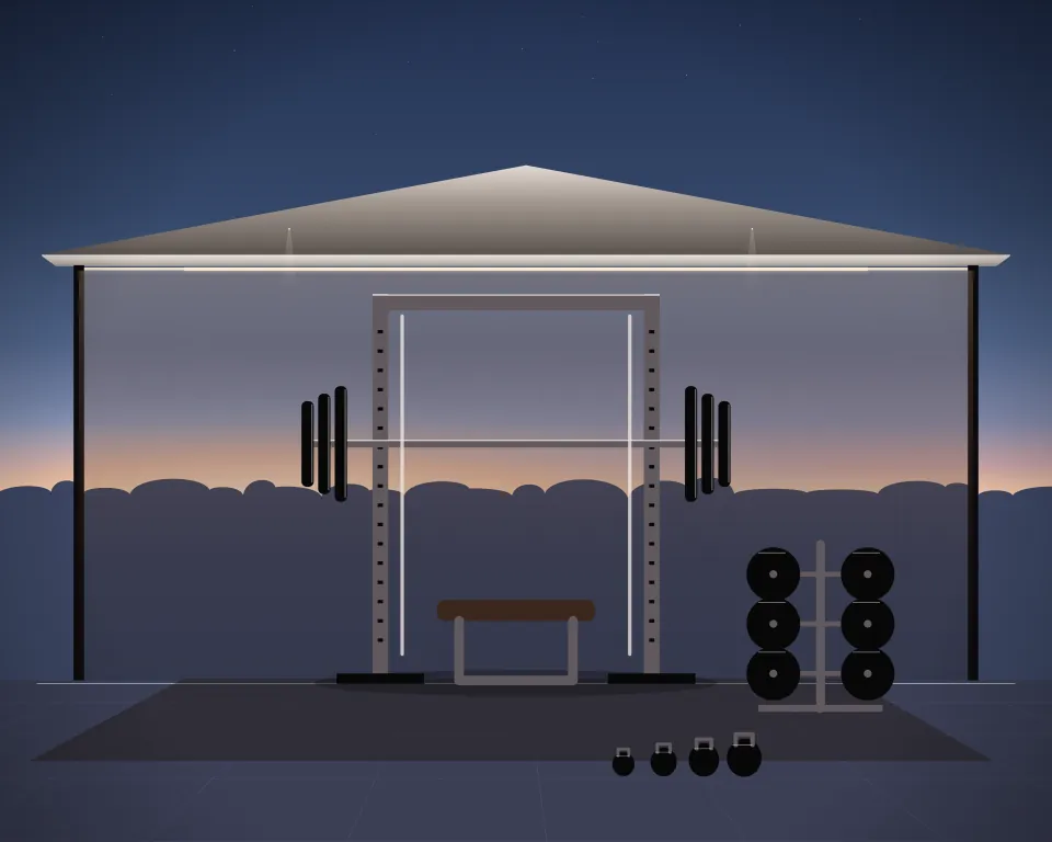 Illustration: a guided barbell station, with plates in a second practice bay in a generic open training canopy, a central feature and foreground equipment, at late blue hour. Generic artwork, not a depiction of a listed venue.