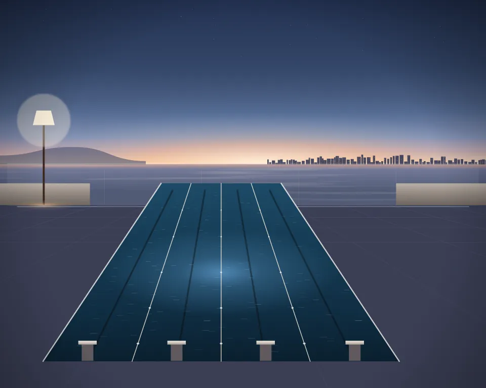 Illustration: a lap pool with distinct lane ropes, starting blocks and submerged blue lighting in a generic rooftop terrace, a tall station at the right, at late blue hour. Generic artwork, not a depiction of a listed venue.