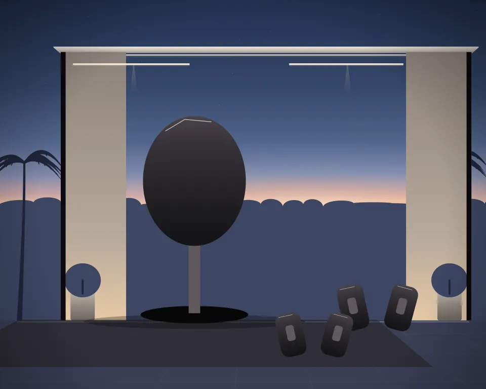 Illustration: a free-standing teardrop training bag, with kick shields in a second practice bay in a generic garden studio, a low equipment panorama, at late blue hour. Generic artwork, not a depiction of a listed venue.