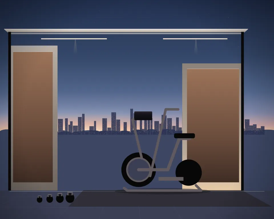 Illustration: an elliptical trainer, with kettlebells in a second practice bay in a generic urban courtyard, a tall station at the right, at blue hour with a softer horizon. Generic artwork, not a depiction of a listed venue.
