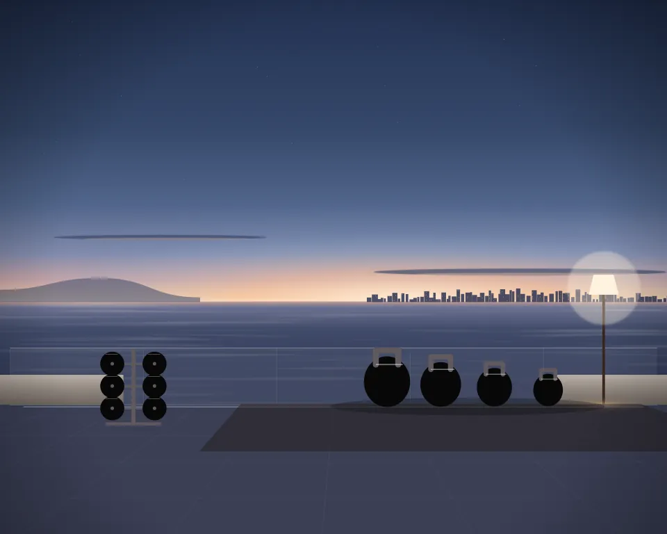 Illustration: a graduated set of kettlebells, with plates in a second practice bay in a generic rooftop terrace, a right-weighted view, at late blue hour. Generic artwork, not a depiction of a listed venue.