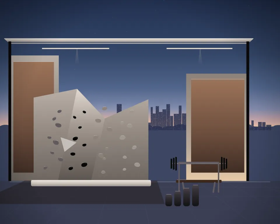 Illustration: an angled bouldering wall with stone-toned holds and pale landing mats, with bench in a second practice bay in a generic urban courtyard, three separate practice zones, at early blue hour. Generic artwork, not a depiction of a listed venue.