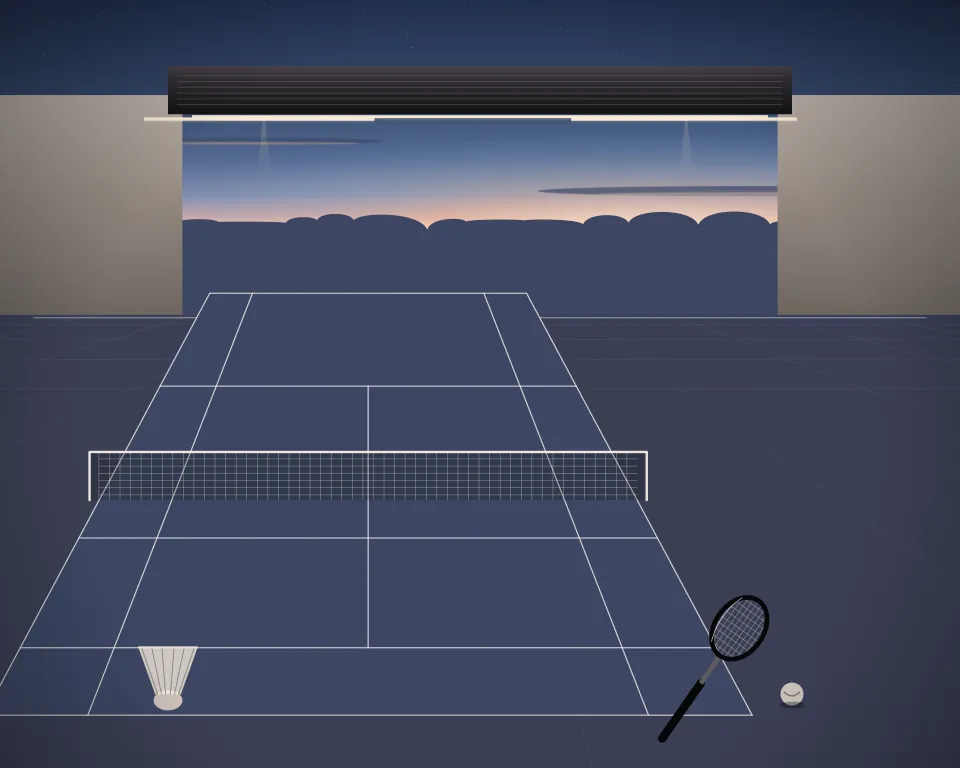 Illustration: a badminton court with a full net, court markings and a shuttlecock in a generic warehouse bay, a tall station at the right, at blue hour with a softer horizon. Generic artwork, not a depiction of a listed venue.