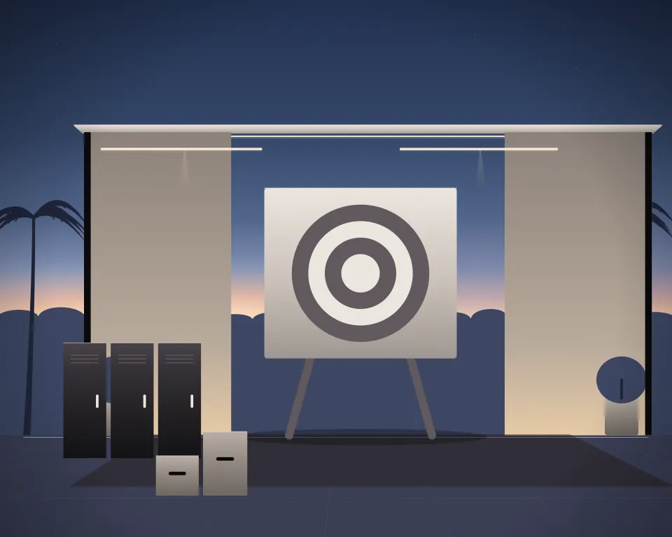 Illustration: a neutral concentric-ring practice target on a stand, with lockers in a second practice bay in a generic garden studio, a central feature and foreground equipment, at blue hour with a softer horizon. Generic artwork, not a depiction of a listed venue.