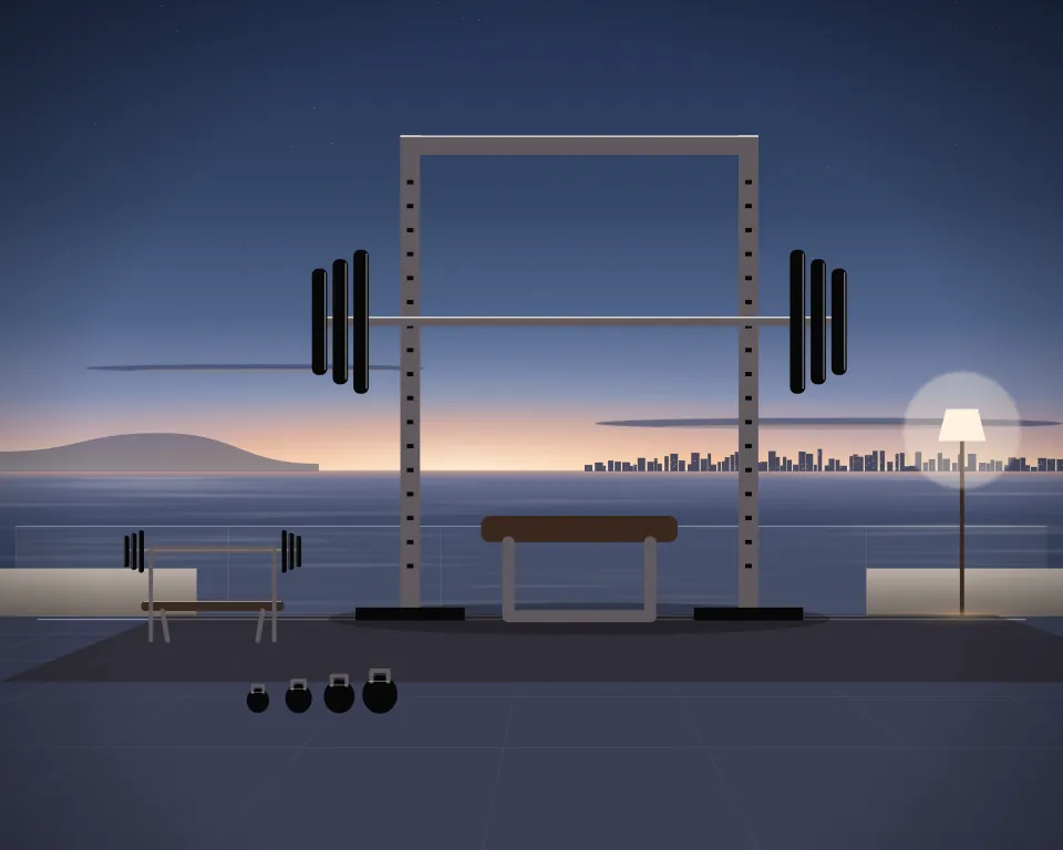Illustration: a loaded power rack and flat bench, with bench in a second practice bay in a generic rooftop terrace, a close central equipment study, at early blue hour. Generic artwork, not a depiction of a listed venue.