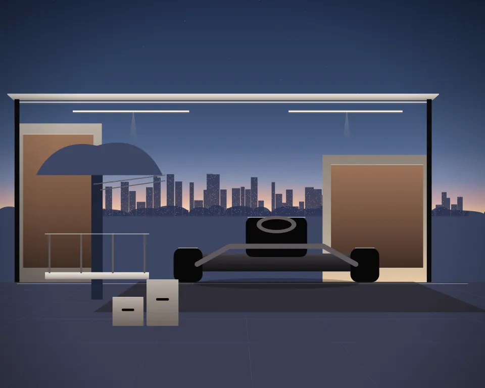 Illustration: an unmarked training kart on its tyres, with a closed tree platform in a second practice bay in a generic urban courtyard, a close central equipment study, at blue hour with a softer horizon. Generic artwork, not a depiction of a listed venue.