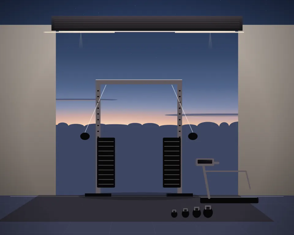 Illustration: a dual cable-pulley station, with treadmill in a second practice bay in a generic warehouse bay, a low equipment panorama, at blue hour with a softer horizon. Generic artwork, not a depiction of a listed venue.