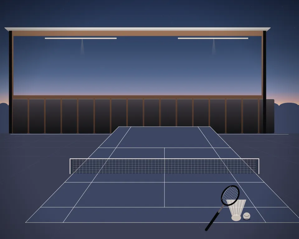 Illustration: a badminton court with a full net, court markings and a shuttlecock in a generic dojo room, a close central equipment study, at early blue hour. Generic artwork, not a depiction of a listed venue.