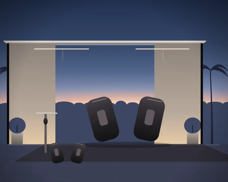 Illustration: a pair of kick shields, with speedbag in a second practice bay in a generic garden studio, a central feature and foreground equipment, at late blue hour. Generic artwork, not a depiction of a listed venue.