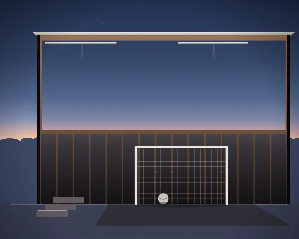 Illustration: a small netted football goal and ball, with steps in a second practice bay in a generic dojo room, a tall station at the right, at late blue hour. Generic artwork, not a depiction of a listed venue.