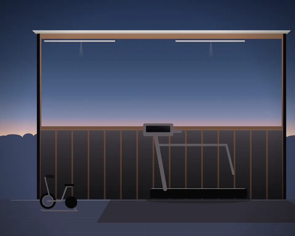 Illustration: a treadmill with a blank console, with airbike in a second practice bay in a generic dojo room, a tall station at the right, at blue hour with a softer horizon. Generic artwork, not a depiction of a listed venue.