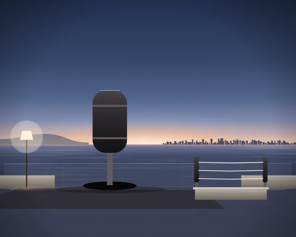 Illustration: a free-standing heavy training bag, with ring in a second practice bay in a generic rooftop terrace, an offset equipment view, at late blue hour. Generic artwork, not a depiction of a listed venue.