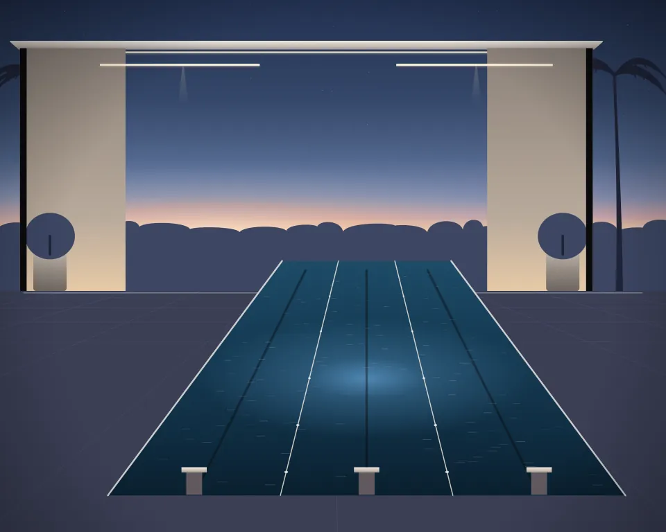 Illustration: a lap pool with distinct lane ropes, starting blocks and submerged blue lighting in a generic garden studio, a right-weighted view, at early blue hour. Generic artwork, not a depiction of a listed venue.