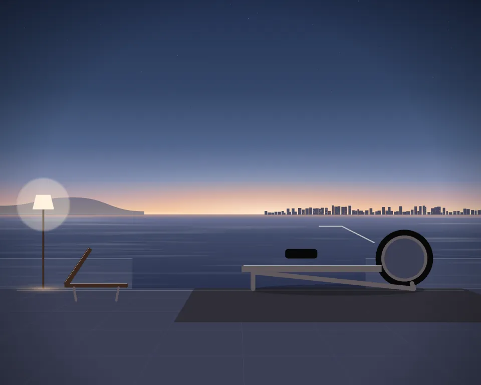 Illustration: a rowing machine, with incline in a second practice bay in a generic beach deck, a right-weighted view, at late blue hour. Generic artwork, not a depiction of a listed venue.