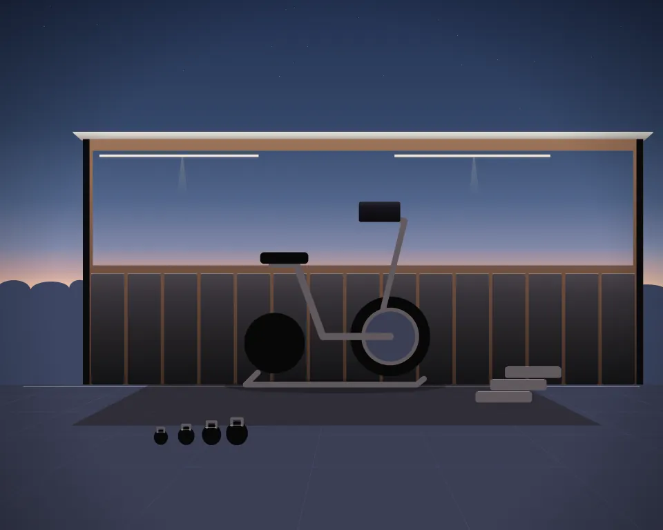 Illustration: a stationary training bicycle, with steps in a second practice bay in a generic dojo room, a close central equipment study, at late blue hour. Generic artwork, not a depiction of a listed venue.
