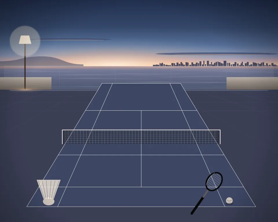 Illustration: a badminton court with a full net, court markings and a shuttlecock in a generic rooftop terrace, three separate practice zones, at late blue hour. Generic artwork, not a depiction of a listed venue.