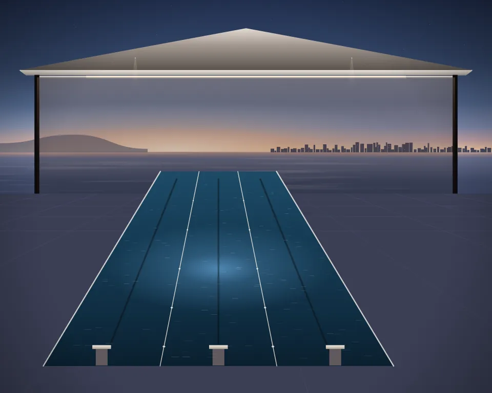 Illustration: a lap pool with distinct lane ropes, starting blocks and submerged blue lighting in a generic poolside pavilion, an offset equipment view, at late blue hour. Generic artwork, not a depiction of a listed venue.