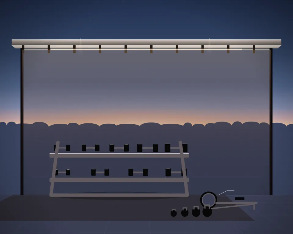 Illustration: a two-tier dumbbell gallery, with rower in a second practice bay in a generic open training canopy, a low equipment panorama, at late blue hour. Generic artwork, not a depiction of a listed venue.