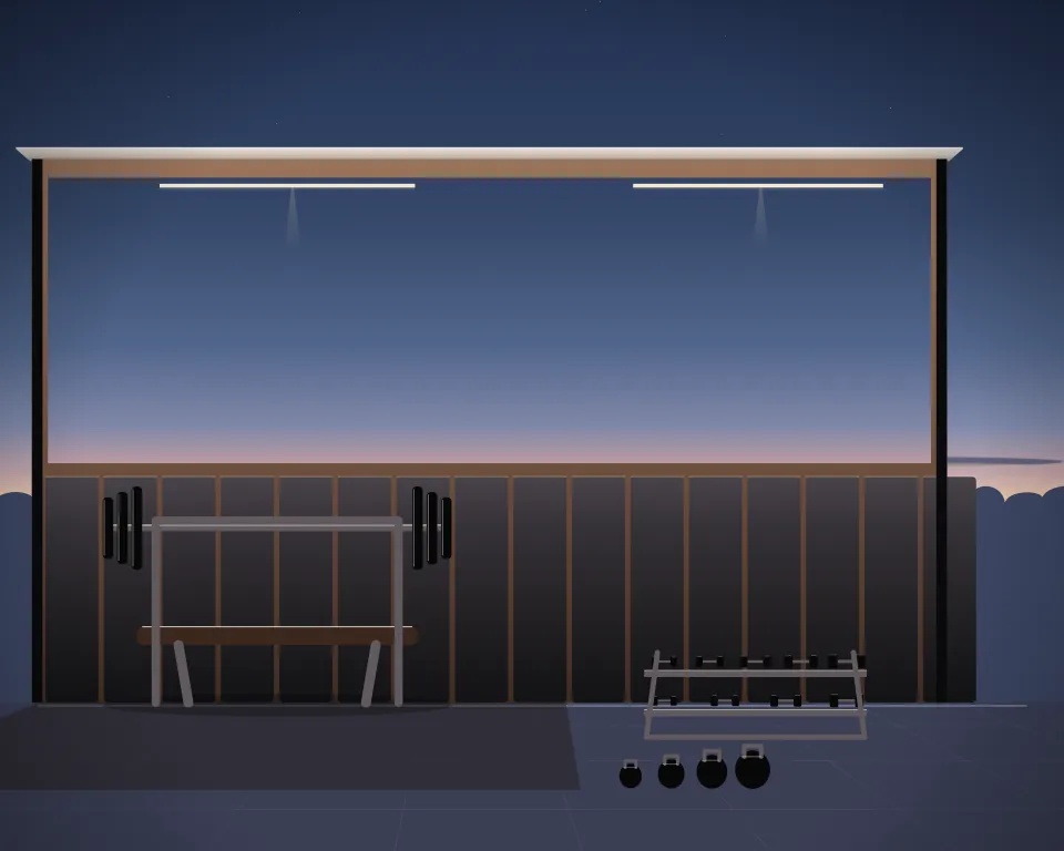 Illustration: a bench-press station, with dumbbell storage in a second practice bay in a generic dojo room, three separate practice zones, at late blue hour. Generic artwork, not a depiction of a listed venue.
