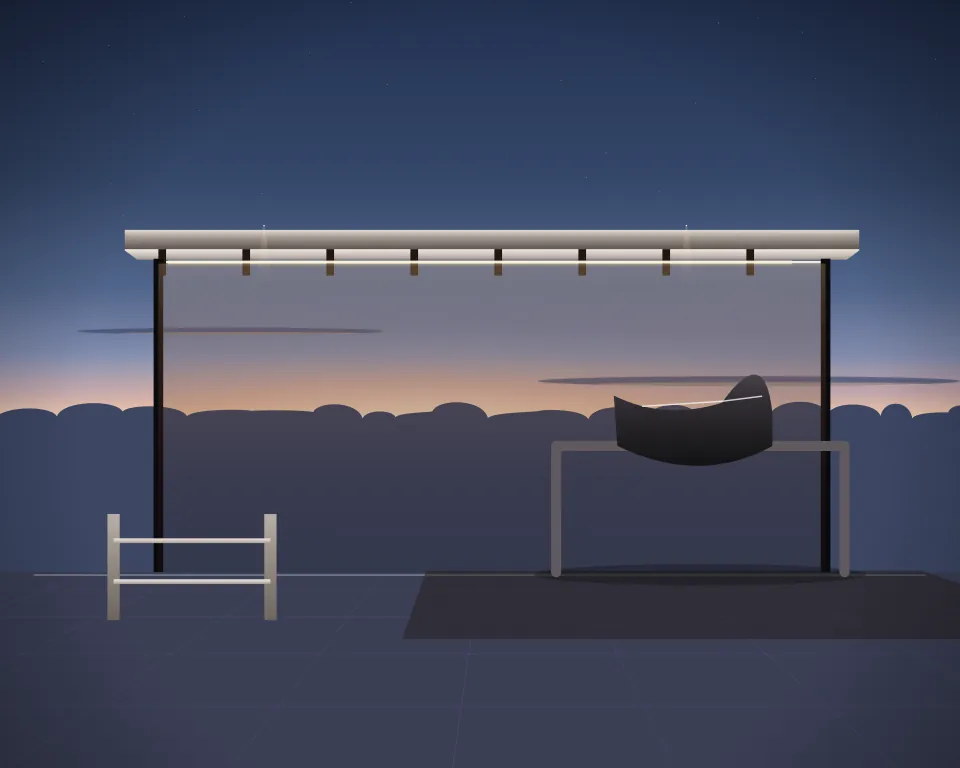 Illustration: a saddle resting on an arena rail, with jump in a second practice bay in a generic open training canopy, a right-weighted view, at blue hour with a softer horizon. Generic artwork, not a depiction of a listed venue.