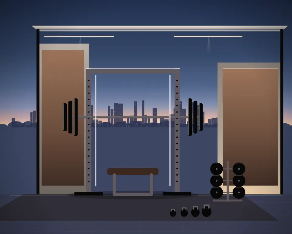 Illustration: a guided barbell station, with plates in a second practice bay in a generic urban courtyard, a low equipment panorama, at blue hour with a softer horizon. Generic artwork, not a depiction of a listed venue.