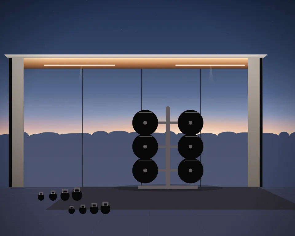 Illustration: a weight-plate storage tree, with kettlebells in a second practice bay in a generic glass training hall, a central feature and foreground equipment, at blue hour with a softer horizon. Generic artwork, not a depiction of a listed venue.