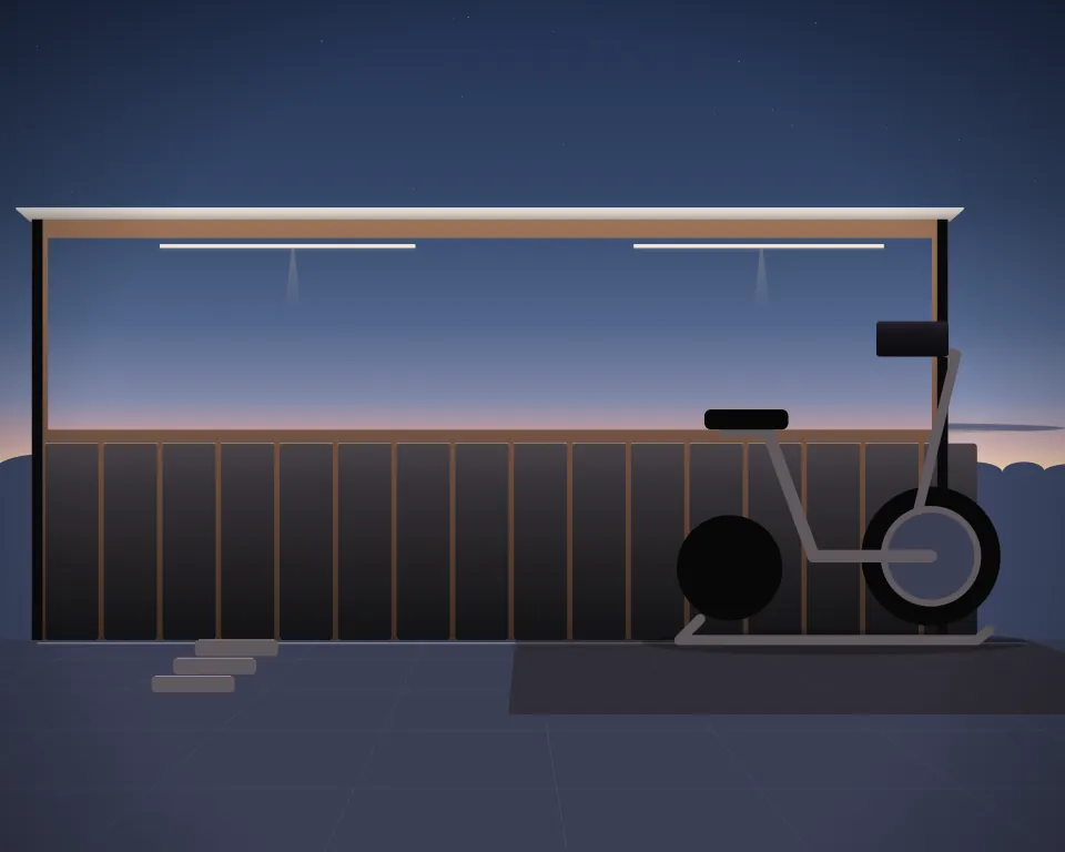 Illustration: a stationary training bicycle, with steps in a second practice bay in a generic dojo room, a right-weighted view, at late blue hour. Generic artwork, not a depiction of a listed venue.