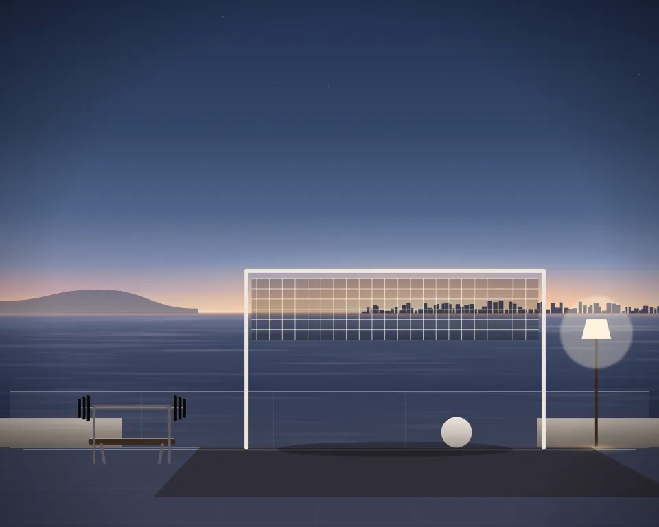 Illustration: a high volleyball practice net and ball, with bench in a second practice bay in a generic rooftop terrace, a tall station at the right, at blue hour with a softer horizon. Generic artwork, not a depiction of a listed venue.