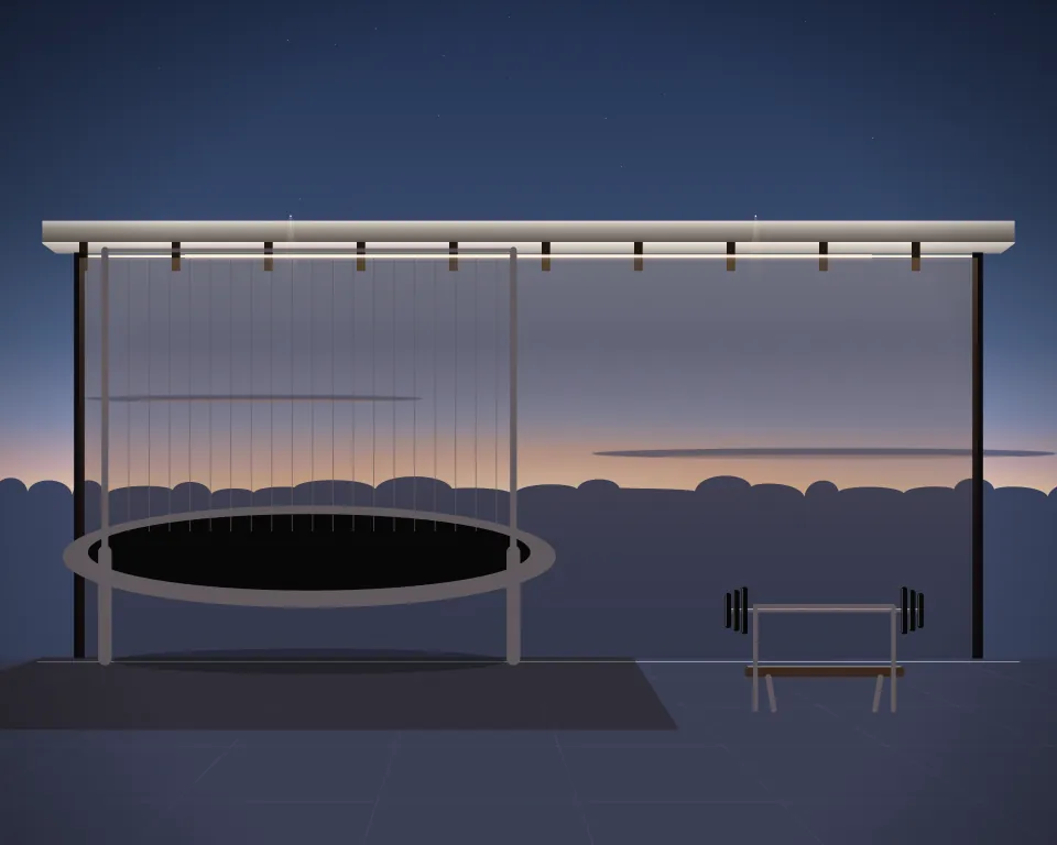 Illustration: a round practice trampoline with a closed mesh enclosure, with bench in a second practice bay in a generic open training canopy, an offset equipment view, at late blue hour. Generic artwork, not a depiction of a listed venue.
