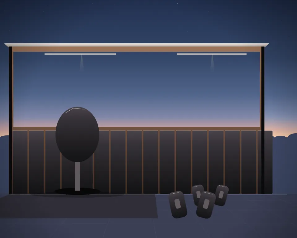 Illustration: a free-standing teardrop training bag, with kick shields in a second practice bay in a generic dojo room, three separate practice zones, at early blue hour. Generic artwork, not a depiction of a listed venue.