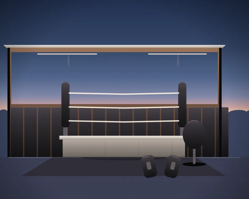 Illustration: a raised training ring with canvas apron and padded corners, with teardrop in a second practice bay in a generic dojo room, a central feature and foreground equipment, at blue hour with a softer horizon. Generic artwork, not a depiction of a listed venue.