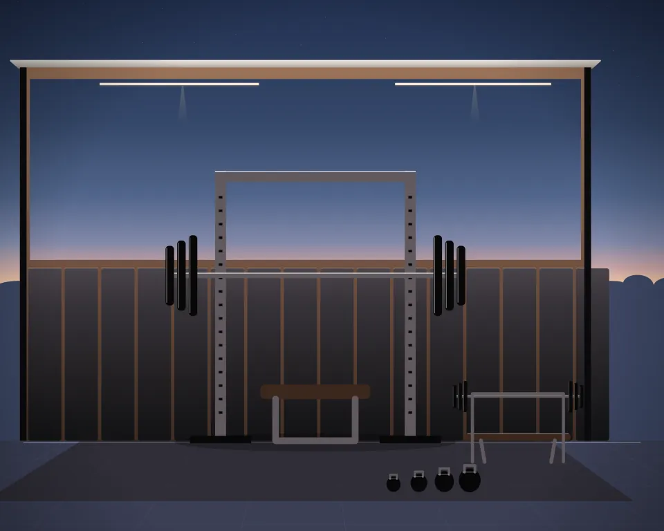 Illustration: a loaded power rack and flat bench, with bench in a second practice bay in a generic dojo room, a low equipment panorama, at late blue hour. Generic artwork, not a depiction of a listed venue.