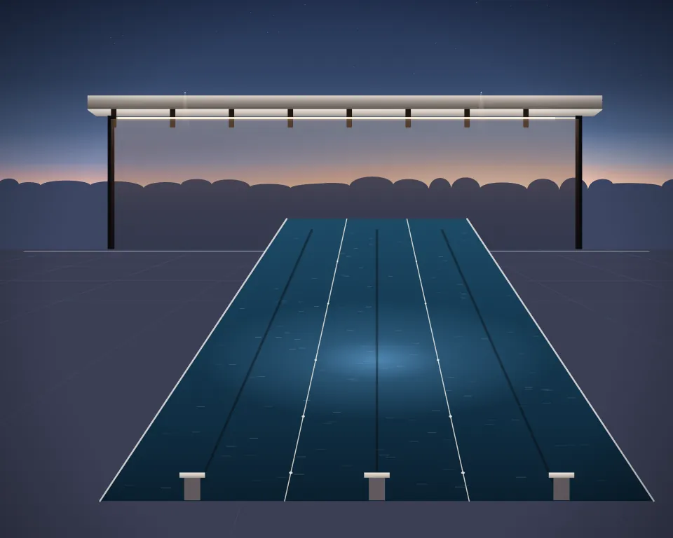 Illustration: a lap pool with distinct lane ropes, starting blocks and submerged blue lighting in a generic open training canopy, an offset equipment view, at early blue hour. Generic artwork, not a depiction of a listed venue.