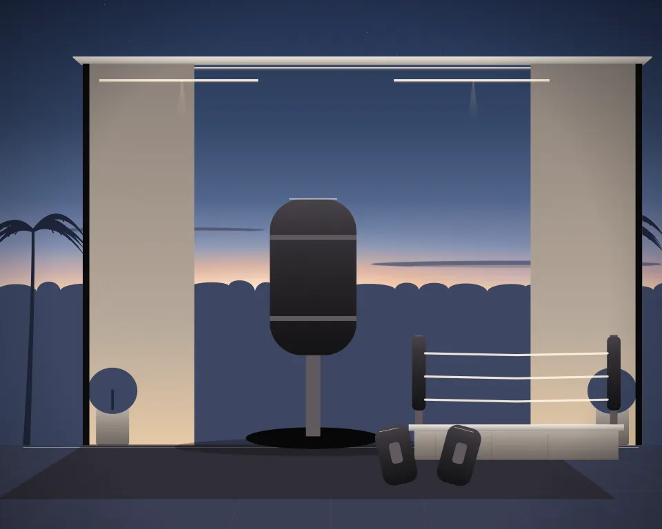 Illustration: a free-standing heavy training bag, with ring in a second practice bay in a generic garden studio, a low equipment panorama, at late blue hour. Generic artwork, not a depiction of a listed venue.