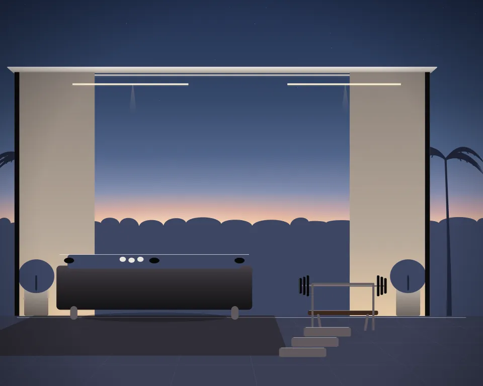 Illustration: an unmarked billiards table, with bench in a second practice bay in a generic garden studio, three separate practice zones, at blue hour with a softer horizon. Generic artwork, not a depiction of a listed venue.