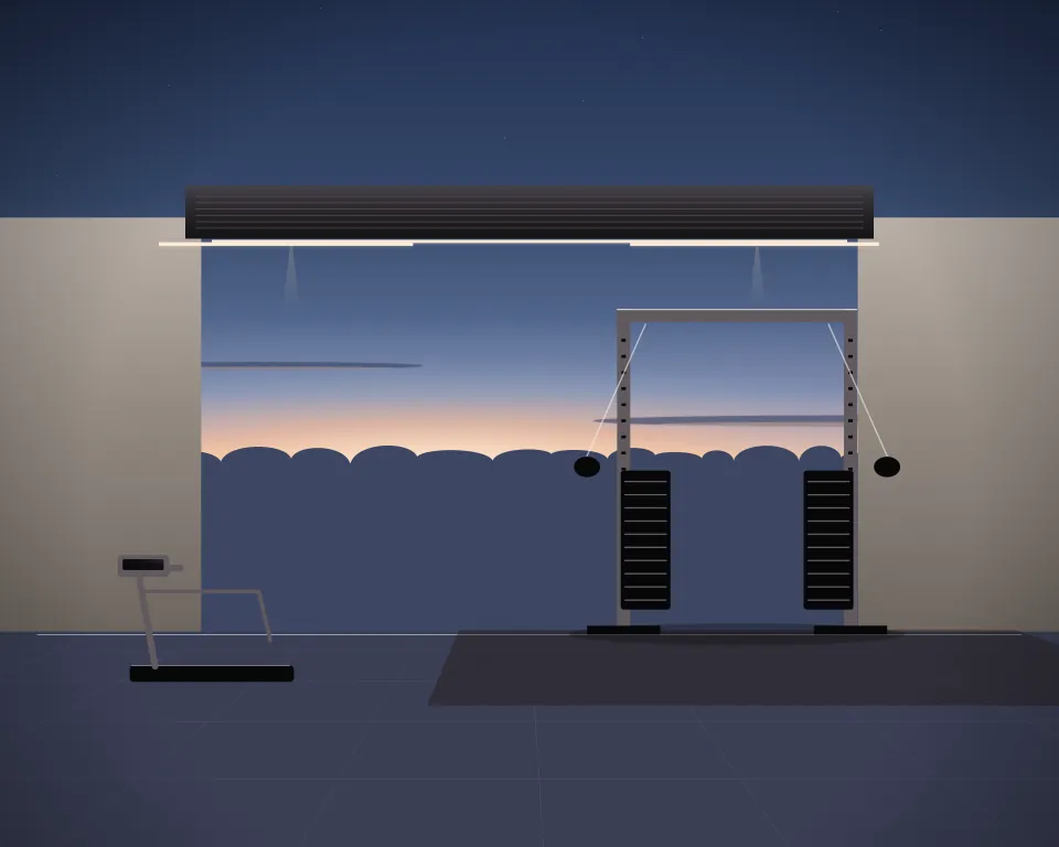 Illustration: a dual cable-pulley station, with treadmill in a second practice bay in a generic warehouse bay, a right-weighted view, at late blue hour. Generic artwork, not a depiction of a listed venue.