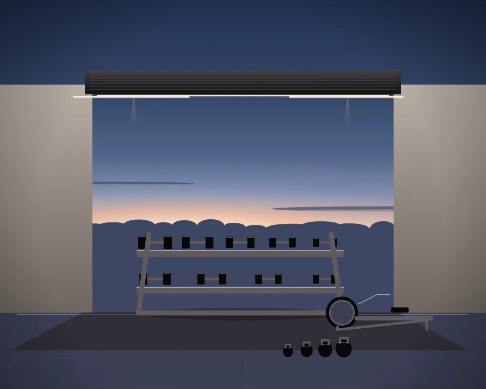Illustration: a two-tier dumbbell gallery, with rower in a second practice bay in a generic warehouse bay, a central feature and foreground equipment, at blue hour with a softer horizon. Generic artwork, not a depiction of a listed venue.