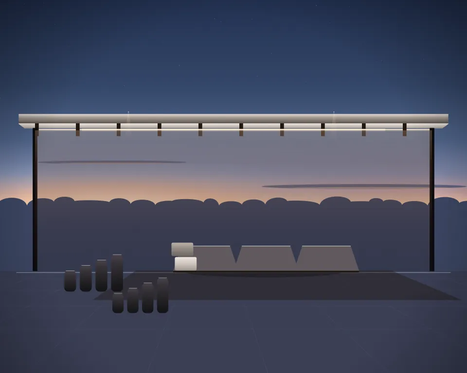 Illustration: yoga mats and blocks, with rollers in a second practice bay in a generic open training canopy, a close central equipment study, at blue hour with a softer horizon. Generic artwork, not a depiction of a listed venue.