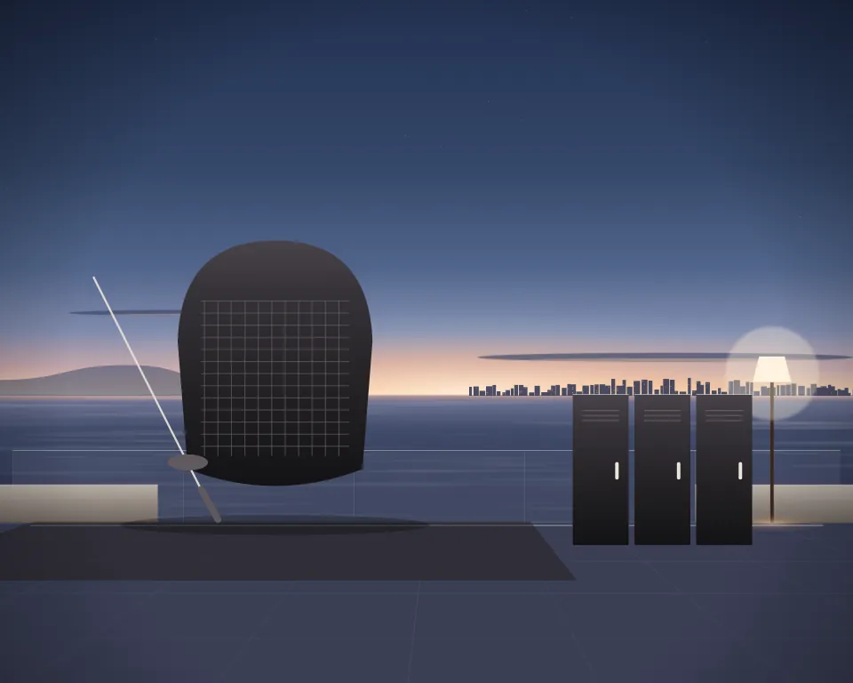 Illustration: an empty fencing mask with its mesh and a practice foil, with lockers in a second practice bay in a generic rooftop terrace, an offset equipment view, at early blue hour. Generic artwork, not a depiction of a listed venue.