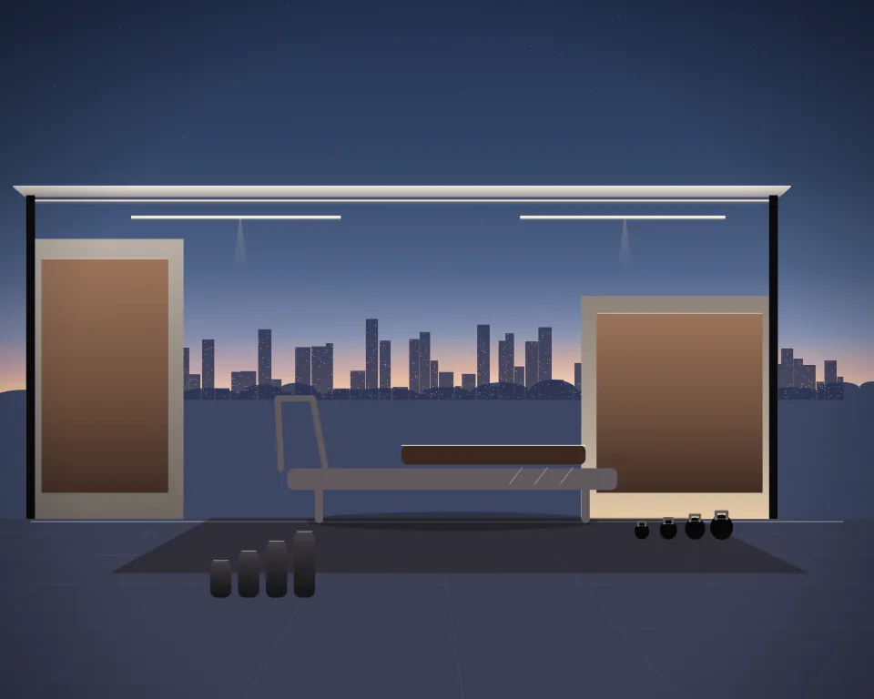 Illustration: a Pilates reformer with carriage and footbar, with kettlebells in a second practice bay in a generic urban courtyard, a close central equipment study, at early blue hour. Generic artwork, not a depiction of a listed venue.