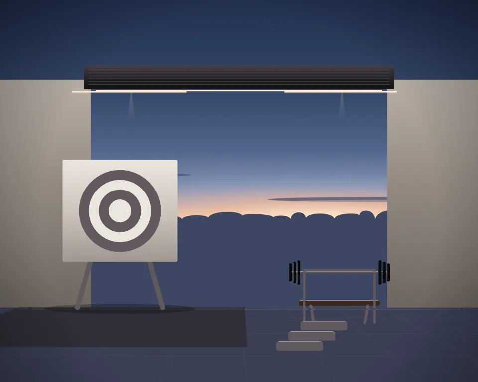 Illustration: a neutral concentric-ring practice target on a stand, with bench in a second practice bay in a generic warehouse bay, three separate practice zones, at blue hour with a softer horizon. Generic artwork, not a depiction of a listed venue.
